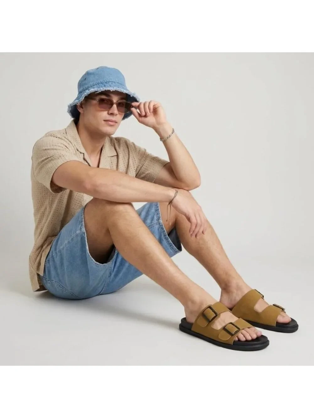 Men's Camel Alpha Leather Sandals Casual Slip On Flat Adjustable Buckles